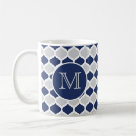 Caneca De Café Monograma do Quatrefoil marinho Azul e Cinza