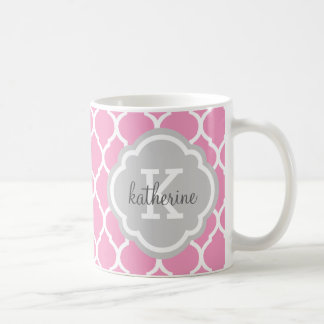 Caneca De Café Monograma do Quatrefoil Marroquino, Rosa e Cinza