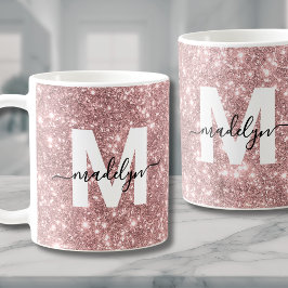 Caneca De Café Monograma do Sparkle com brilho Dourado rosa