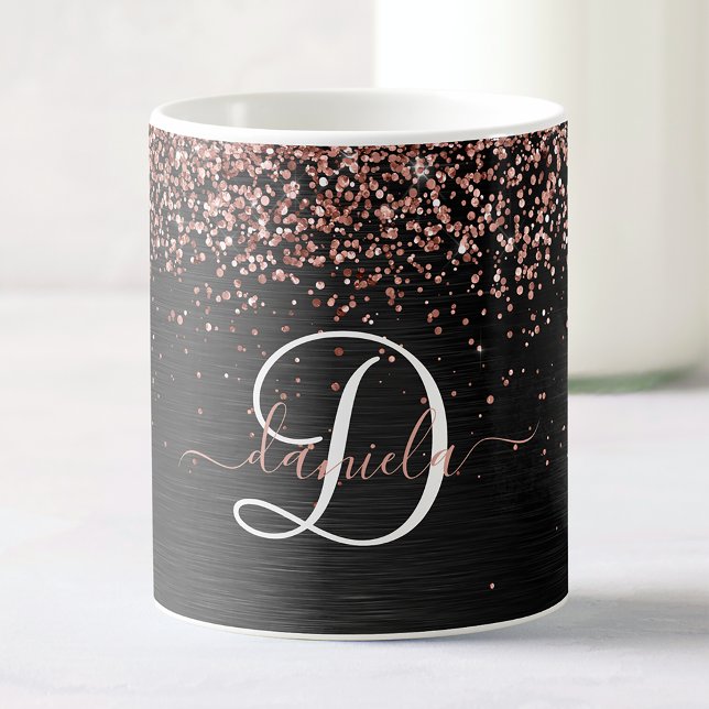 Caneca De Café Monograma do Sparkle preto com brilho Dourado com  (Criador carregado)