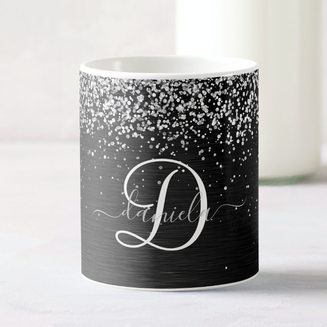 Caneca De Café Monograma do Sparkle Preto com Glitter de Prata Pe (Criador carregado)