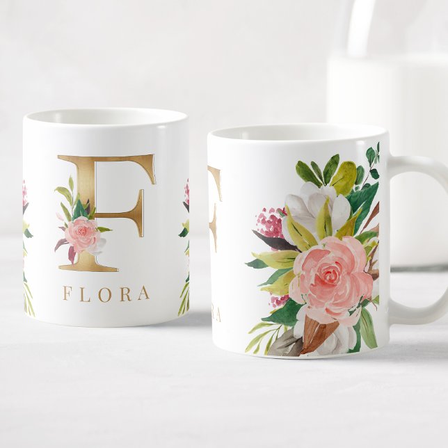 Caneca De Café Monograma Dourado Botânica Floral com Aquarela (Criador carregado)