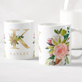 Caneca De Café Monograma Dourado Botânica Floral com Aquarela