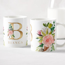 Caneca De Café Monograma Dourado Botânica Floral com Aquarela
