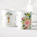 Caneca De Café Monograma Dourado Botânica Floral com Aquarela<br><div class="desc">Uma caneca de café personalizada com uma falsa letra de ouro "T" monograma,  com ilustrações decorativas de cor d'água floral e folhagem. Personalize-o facilmente com seu nome ou crie um presente único para seus entes queridos.</div>
