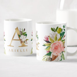 Caneca De Café Monograma Dourado Botânica Floral com Aquarela