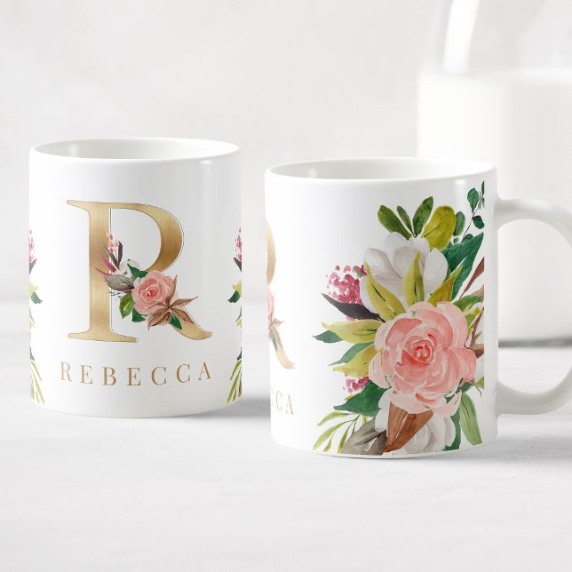 Caneca De Café Monograma Dourado Botânica Floral com Aquarela (Criador carregado)