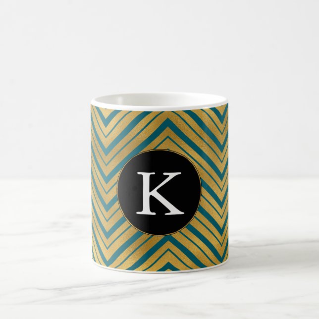 Caneca De Café Monograma Dourado Chic Teal Blue Chevron (Centro)