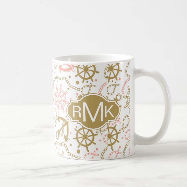 Caneca De Café Monograma dourado do teste padrão | da âncora (Direita)
