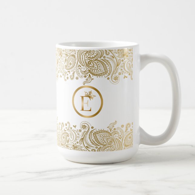 Caneca De Café Monograma Dourado E Branco De Paisley (Direita)