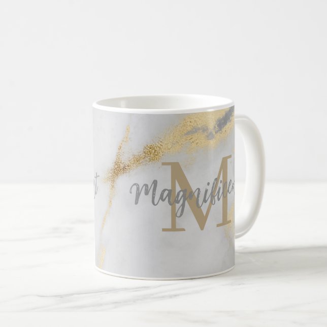 Caneca De Café Monograma Dourado e Cinza Marble (Frente Esquerda)