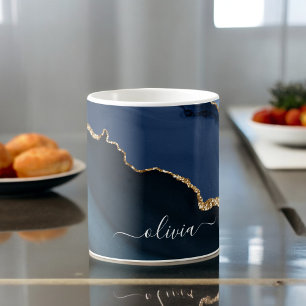 Caneca De Café Monograma Dourado em Geodo de Ágata Azul Marinho