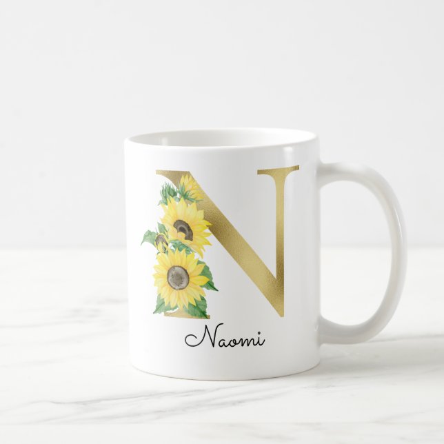 Caneca De Café Monograma Dourado Girassol Girassol Floral inicial (Direita)