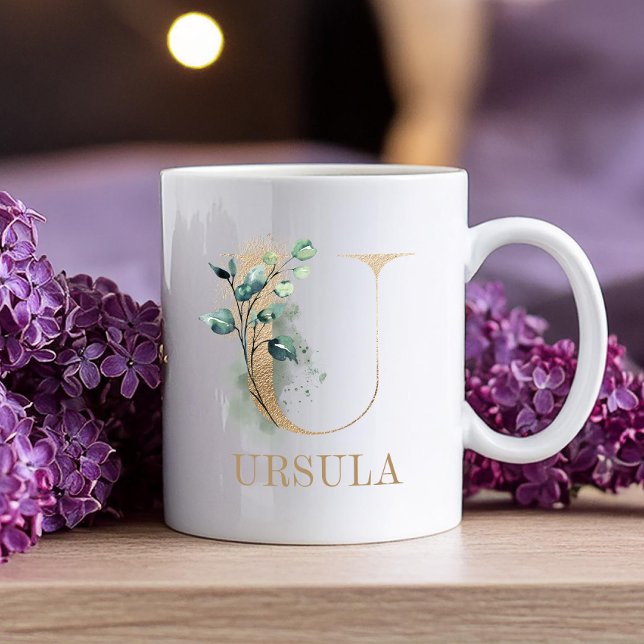 Caneca De Café Monograma Dourado - Letra U Floral (Criador carregado)