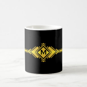 Caneca De Café Monograma Dourado & preto da correia do art deco