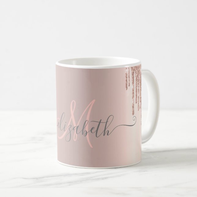 Caneca De Café Monograma Dourado Rosa com Efeito de Gotas Brilhan (Frente Esquerda)