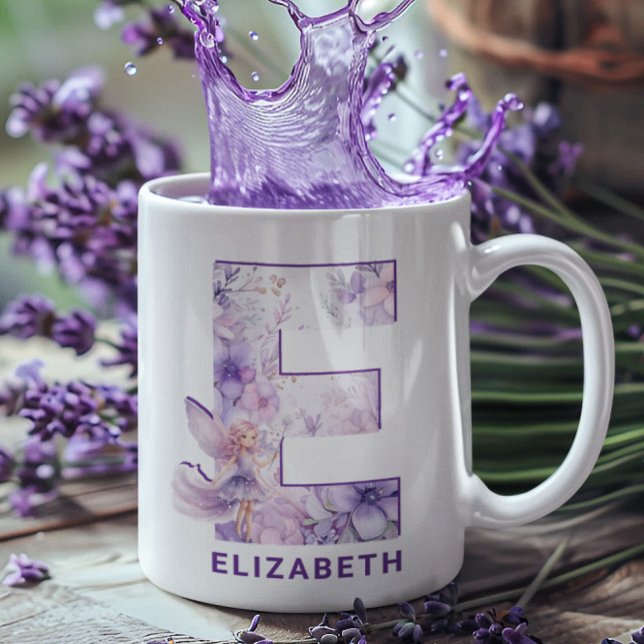 Caneca De Café Monograma E de Fada Lilática Personalizada (Personalized Lilac Fairy Monogram E Coffee Mug)