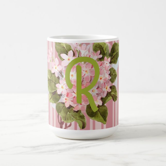 Caneca De Café Monograma e Flores em Listras Rosa (Centro)
