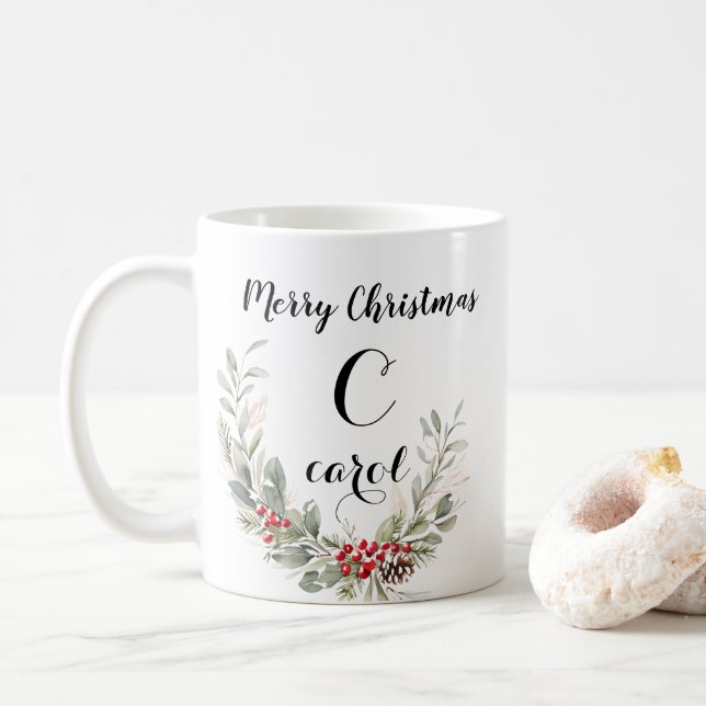 Caneca De Café Monograma e Natal de Letra Aquática (Com Donut)