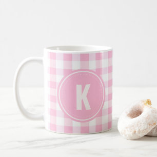 Caneca De Café Monograma Elegante com Padrão Xadrez Rosa e Branco