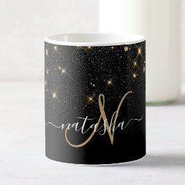 Caneca De Café Monograma Elegante Glitter Diamond Glitter Dourado