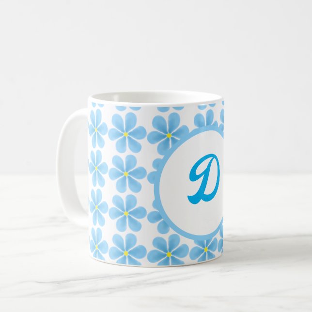 Caneca De Café monograma elegante mínimo Padrão botânico azul (Frente Esquerda)