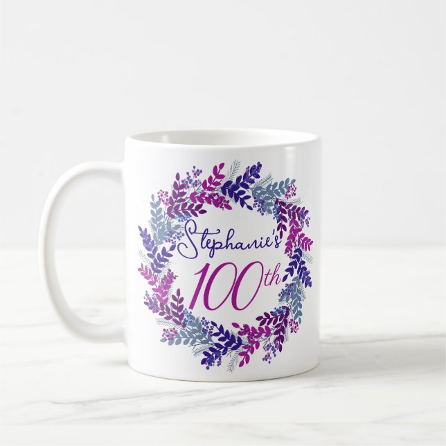Caneca De Café Monograma Elegante Rosa e Roxo 100º Aniversário (Esquerda)