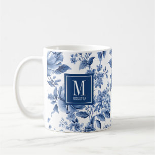Caneca De Café Monograma Elegante Rosa Floral Azul Branco