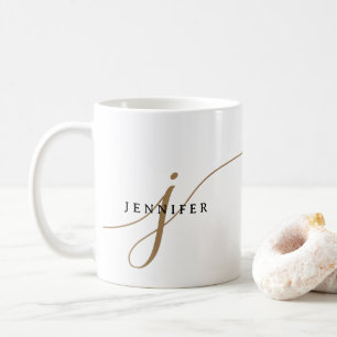 Caneca De Café Monograma Elegante Simples Preto e Dourado em Letr