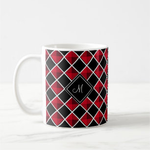 Caneca De Café Monograma em padrão de diamante vermelho preto