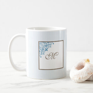 Caneca De Café Monograma em Script com Listra Azul Francês Fleur