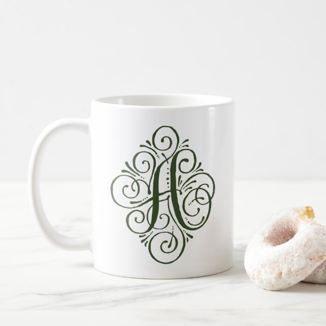 Caneca De Café Monograma Enfeite com Floreio Personalizado (Com Donut)