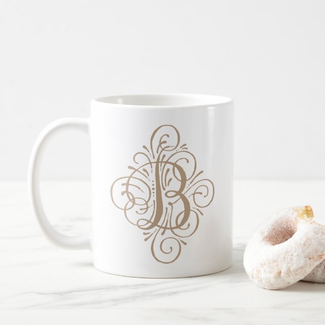 Caneca De Café Monograma Enfeite Personalizado com Floreio (Com Donut)