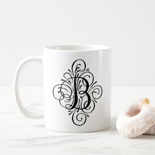 Caneca De Café Monograma Enfeite Swash Personalizado (Com Donut)