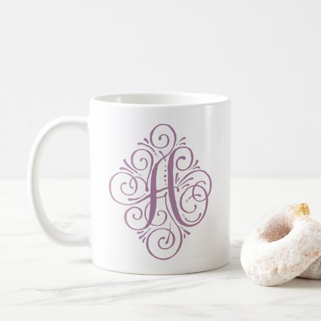 Caneca De Café Monograma Enfeite Swash Personalizado (Com Donut)