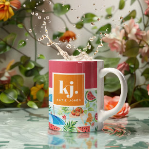 Caneca De Café Monograma Estiloso de Verão Divertido