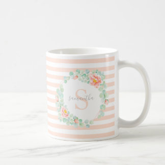 Caneca De Café Monograma Eucalyptus Deixa Pêssego Floral de Peony