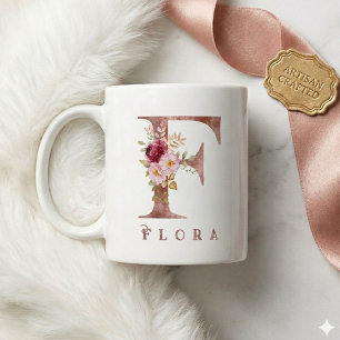 Caneca De Café Monograma F Floral Dourado Rosa Personalizado