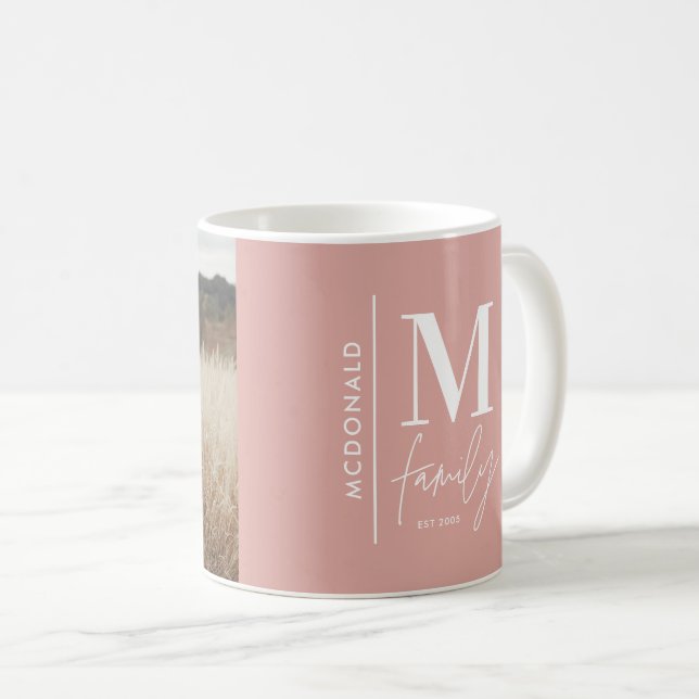 Caneca De Café Monograma, família de fotos personalizada rosa mod (Frente Esquerda)