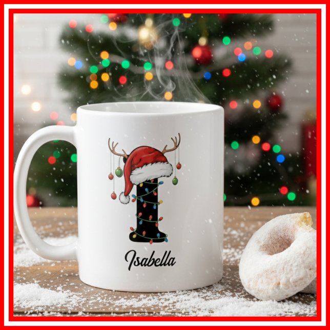 Caneca De Café Monograma Família Natal Antlers Santa Hat FOTO (Criador carregado)