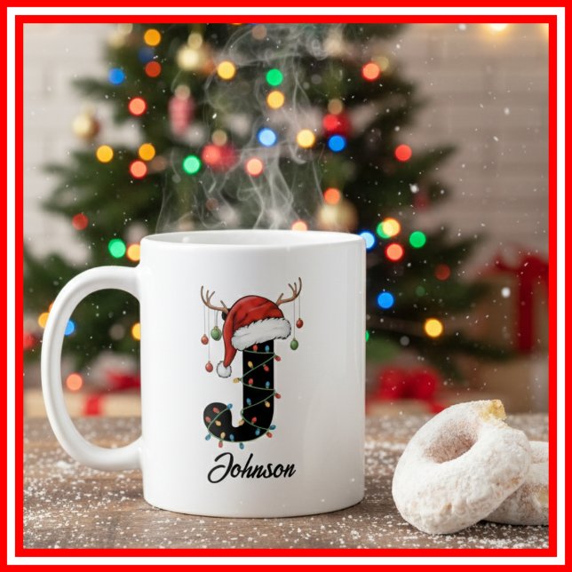 Caneca De Café Monograma Família Natal Antlers Santa Hat FOTO (Criador carregado)