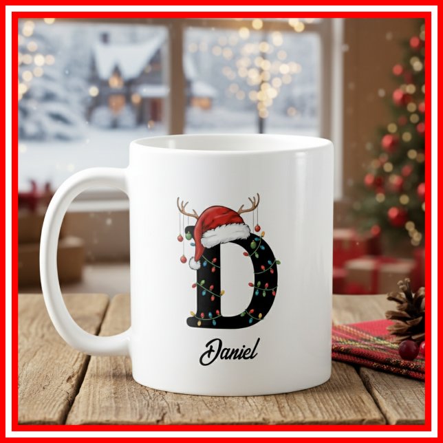 Caneca De Café Monograma Família Natal Antlers Santa Hat FOTO (Criador carregado)