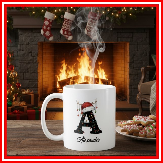 Caneca De Café Monograma Família Natal Antlers Santa Hat FOTO (Criador carregado)