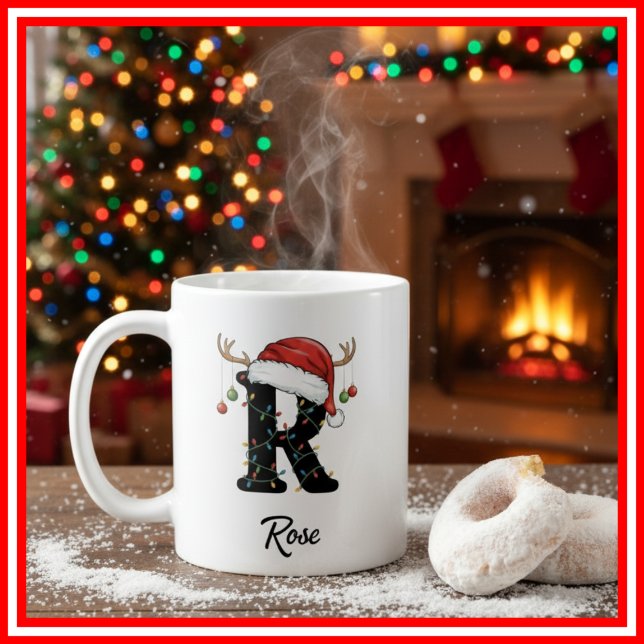 Caneca De Café Monograma Família Natal Antlers Santa Hat FOTO (Criador carregado)
