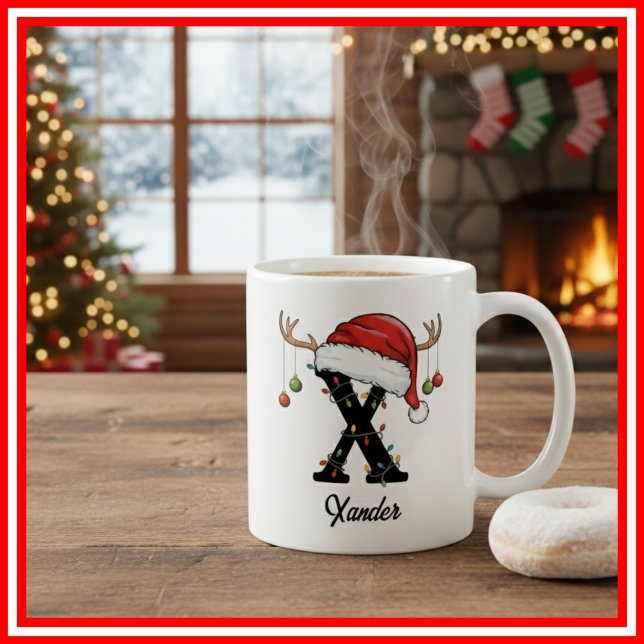 Caneca De Café Monograma Família Natal Antlers Santa Hat FOTO (Criador carregado)