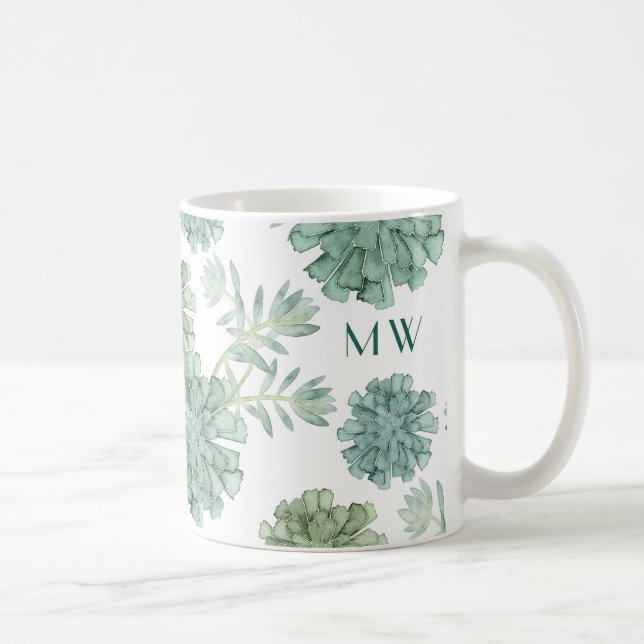 Caneca De Café Monograma | Felicidade vegetal | Padrão Suculente (Direita)