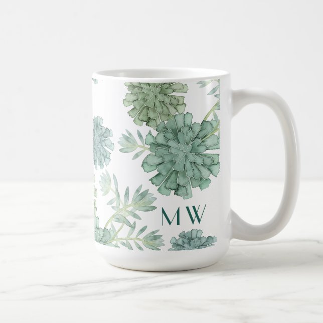 Caneca De Café Monograma | Felicidade vegetal | Padrão Suculente (Direita)