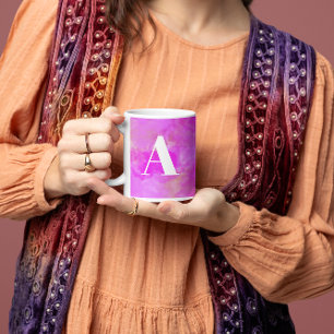 Caneca De Café Monograma Feminina em Aquarela Rosa Vibrante Moder