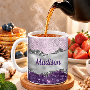 Caneca De Café Monograma feminino prateado glittery roxo rosa ele
