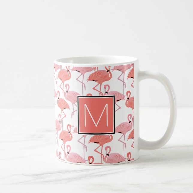 Caneca De Café Monograma | Flamingoes Tropicais Rosa (Direita)